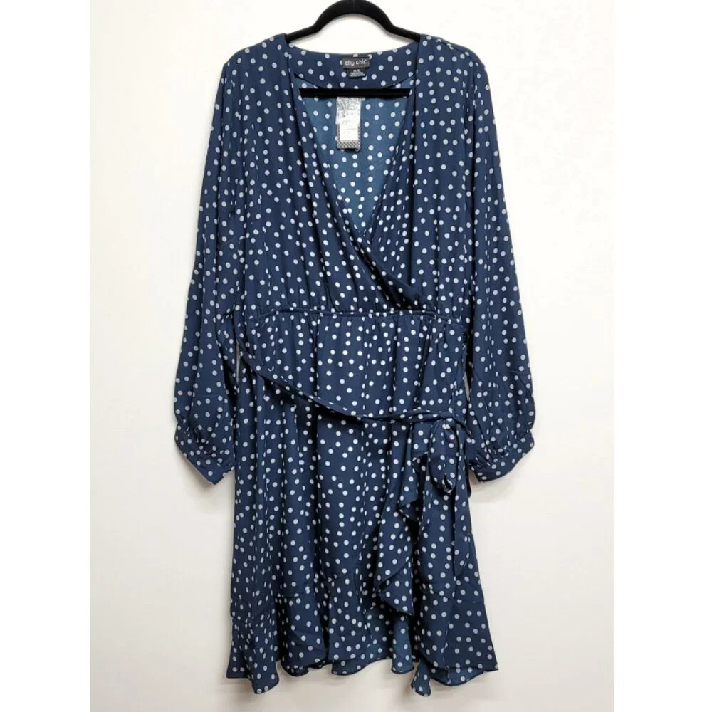 NWT City Chic Navy Faux Wrap Long Sleeve Ruffle Spot Dress 22